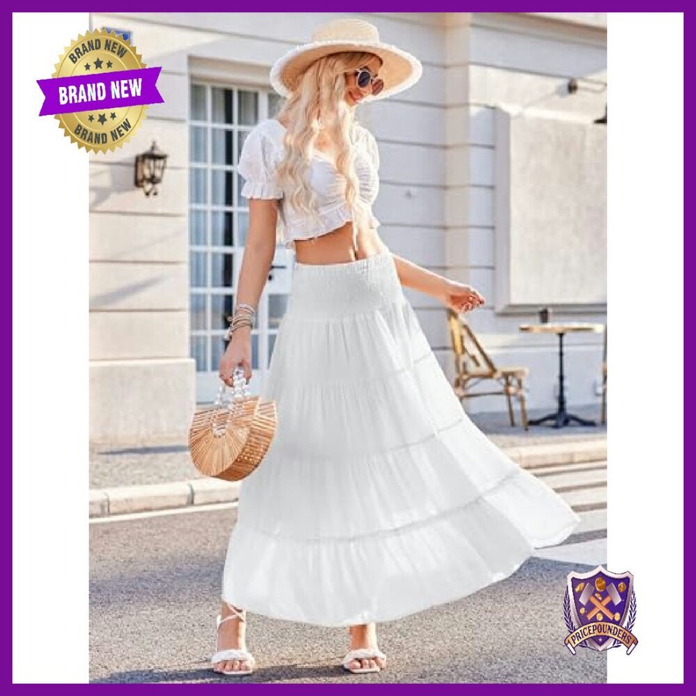 Long Maxi Skirt Tiered Elastic High Waist Boho A-Line Midi Dress - Picture 3 of 8